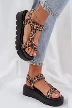 Boto Sandały Płaskie*Zdobione Sandały Na Platformie Panterka Brązowe Tatellia Brązowy