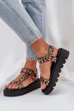 Boto Sandały Płaskie*Zdobione Sandały Na Platformie Panterka Brązowe Tatellia Brązowy