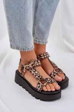 Boto Sandały Płaskie*Zdobione Sandały Na Platformie Panterka Brązowe Tatellia Brązowy