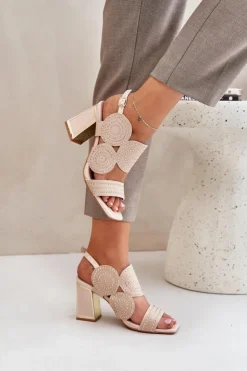 Boto Sandały Na Słupku|Sandały Z Cholewką*Zdobione Sandały Na Słupku Beżowe Delariona