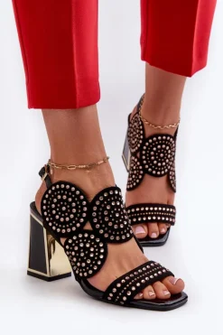 Damskie buty S.Barski Sandały Na Obcasie*Zdobione Sandały Na Słupku D&A CR026 Czarne