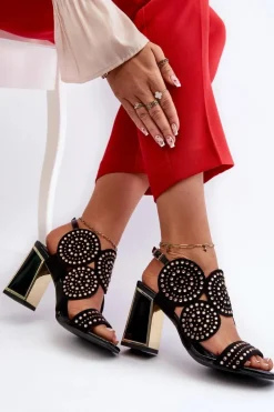 Damskie buty S.Barski Sandały Na Obcasie*Zdobione Sandały Na Słupku D&A CR026 Czarne