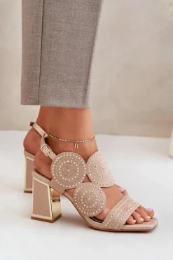 Damskie Boto Zdobione Sandały Na Słupku Ciemnobeżowe Delariona