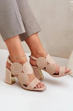 Damskie Boto Zdobione Sandały Na Słupku Ciemnobeżowe Delariona