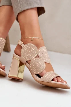 Damskie Boto Zdobione Sandały Na Słupku Ciemnobeżowe Delariona