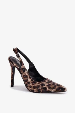 Damskie Boto Zdobione Sandały Na Szpilce Panterka Beżowo-Czarne Kemonia