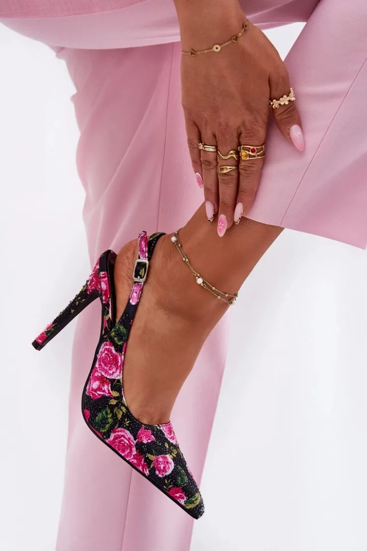 Discount Boto Zdobione Sandały Na Szpilce W Róże Czarne Vevessa Czarny