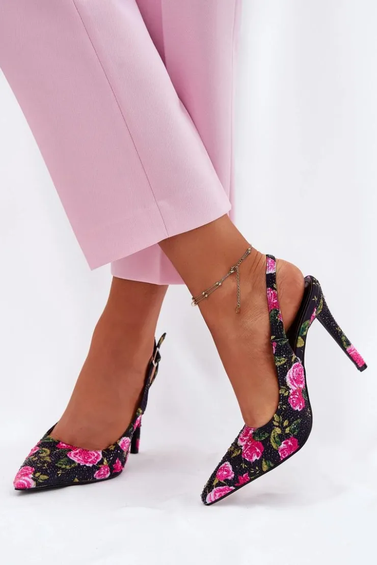 Discount Boto Zdobione Sandały Na Szpilce W Róże Czarne Vevessa Czarny