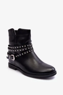 Damskie Boto Zdobione Skórzane Botki Damskie Na Płaskim Obcasie Czarne Adkrana