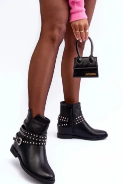 Damskie Boto Zdobione Skórzane Botki Damskie Na Płaskim Obcasie Czarne Adkrana
