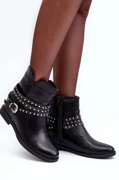 Damskie Boto Zdobione Skórzane Botki Damskie Na Płaskim Obcasie Czarne Adkrana