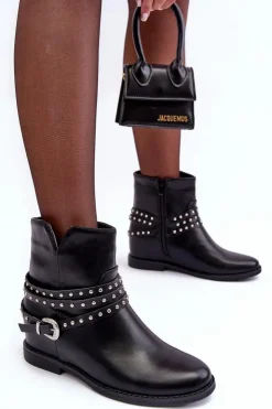 Damskie Boto Zdobione Skórzane Botki Damskie Na Płaskim Obcasie Czarne Adkrana