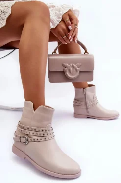 Boto Czarne Botki|Brązowe I Beżowe Botki*Zdobione Skórzane Botki Damskie Na Płaskim Obcasie Beżowe Adkrana