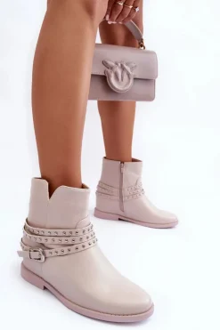 Boto Czarne Botki|Brązowe I Beżowe Botki*Zdobione Skórzane Botki Damskie Na Płaskim Obcasie Beżowe Adkrana