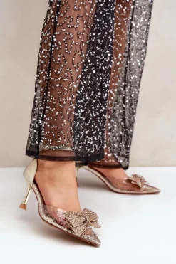 Boto Czółenka Klasyczne*Zdobione Szpilki Z Kokardą Złote Laviri