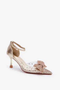 Boto Czółenka Klasyczne*Zdobione Szpilki Z Kokardą Złote Laviri