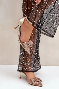 Boto Czółenka Klasyczne*Zdobione Szpilki Z Kokardą Złote Laviri