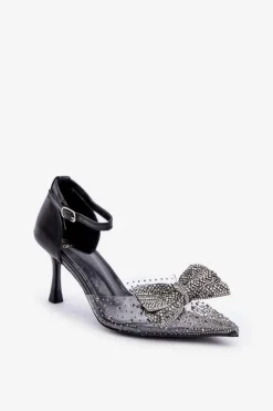 Sale Boto Zdobione Szpilki Z Kokardą Czarne Laviri