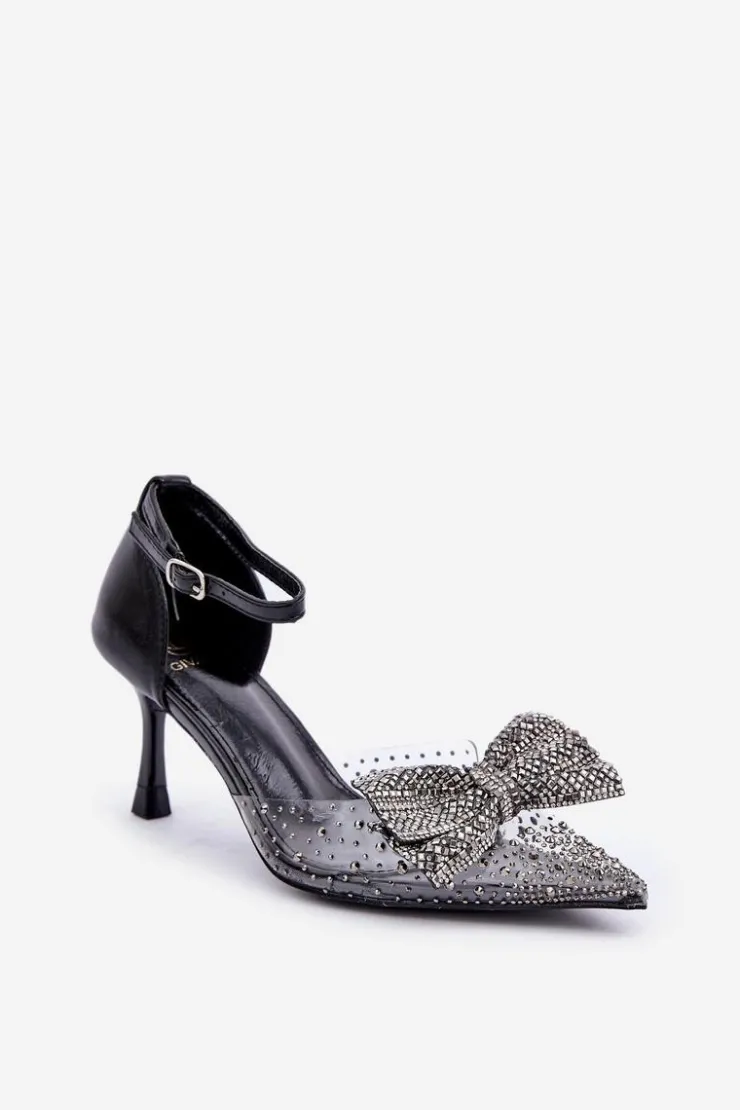 Sale Boto Zdobione Szpilki Z Kokardą Czarne Laviri