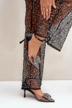 Sale Boto Zdobione Szpilki Z Kokardą Czarne Laviri