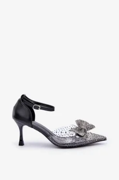 Sale Boto Zdobione Szpilki Z Kokardą Czarne Laviri