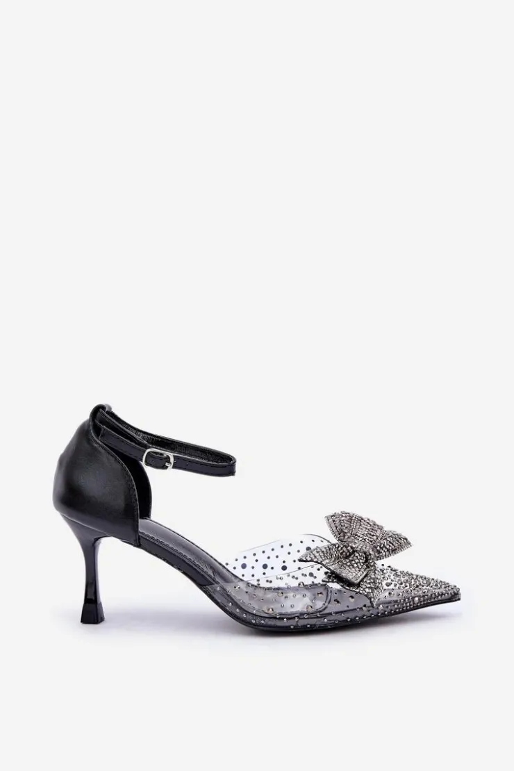 Sale Boto Zdobione Szpilki Z Kokardą Czarne Laviri