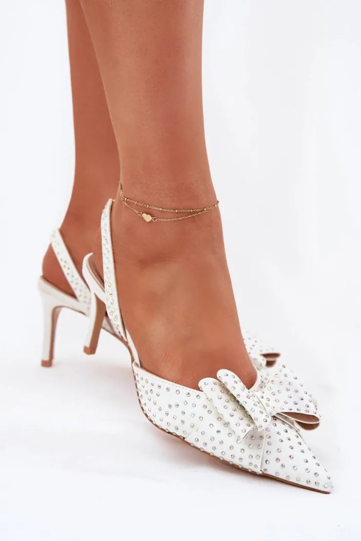 Online Boto Zdobione Szpilki Z Odkrytą Piętą I Kokardką Białe Nilandriela Biały