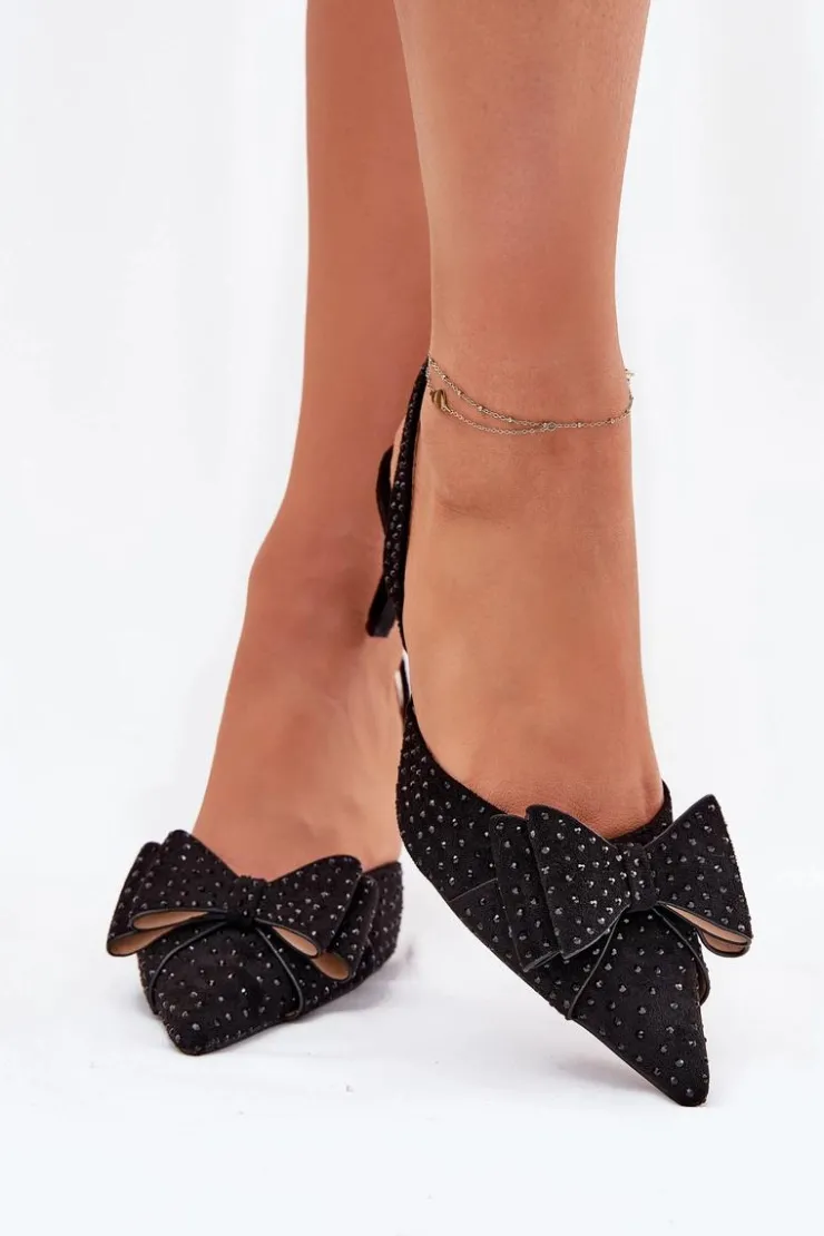 Boto Czółenka Klasyczne*Zdobione Szpilki Z Odkrytą Piętą I Kokardką Czarne Nilandriela Czarny