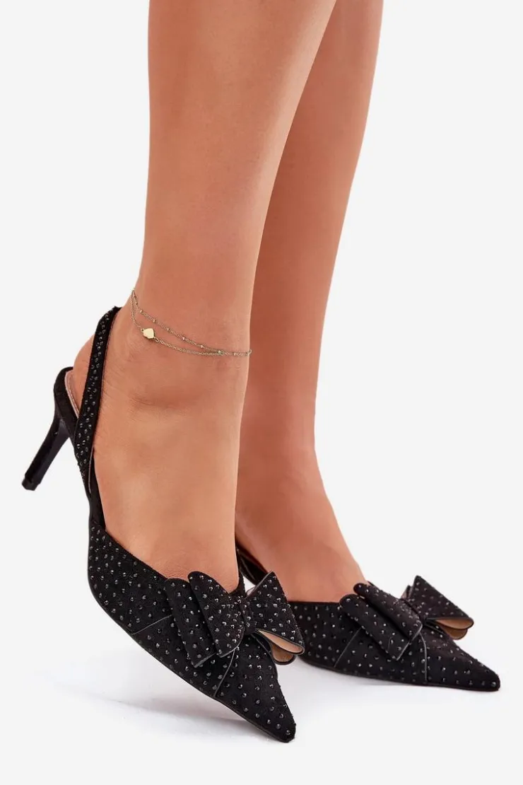 Boto Czółenka Klasyczne*Zdobione Szpilki Z Odkrytą Piętą I Kokardką Czarne Nilandriela Czarny