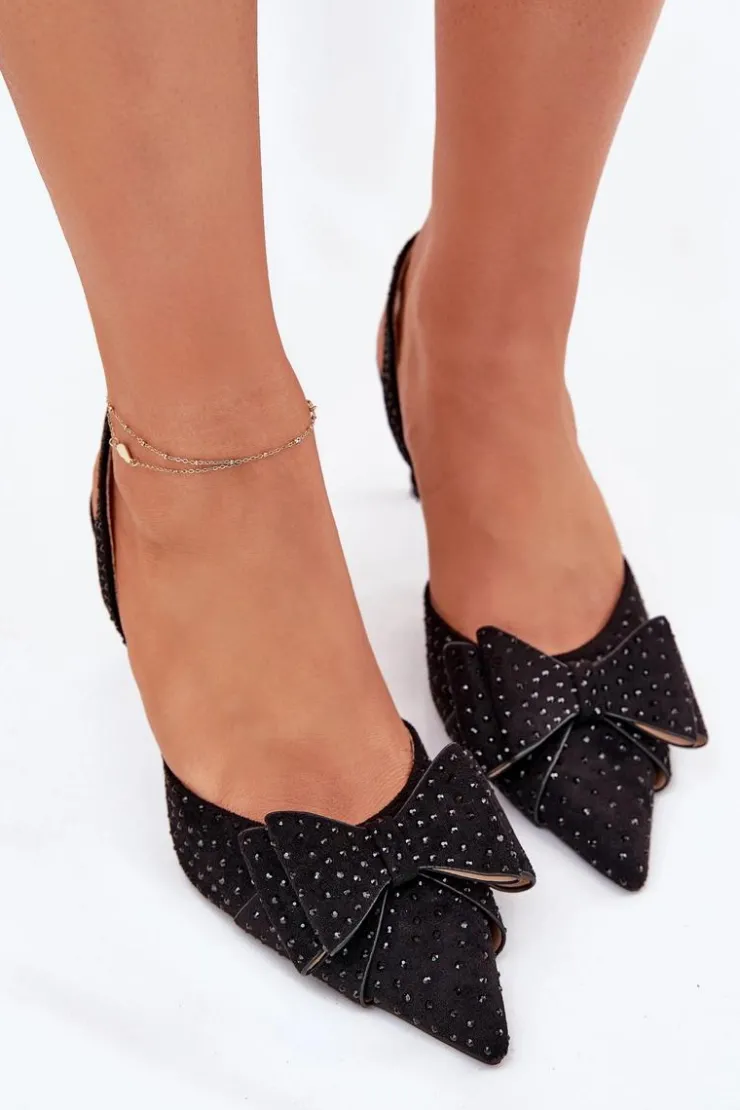 Boto Czółenka Klasyczne*Zdobione Szpilki Z Odkrytą Piętą I Kokardką Czarne Nilandriela Czarny