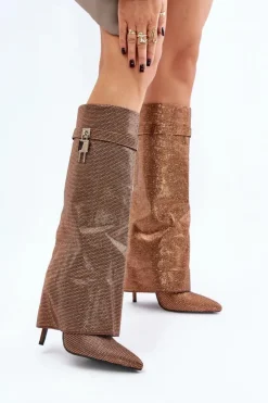 Boto Kozaki Ocieplane|Kozaki Na Szpilce*Zdobione Wsuwane Kozaki Na Szpilce Z Wywiniętą Cholewką Brązowe Enathlin Brązowy