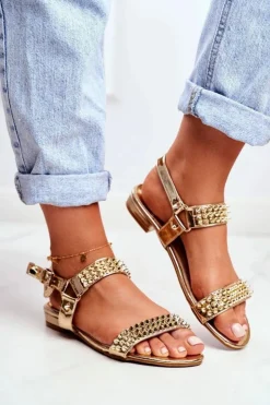 Damskie Boto Złote Damskie Płaskie Sandałki Lu Boo Z Ćwiekami Aldona