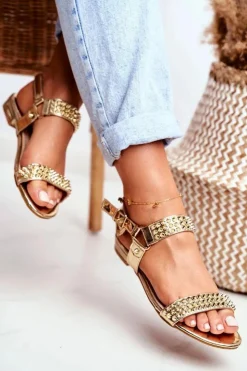 Damskie Boto Złote Damskie Płaskie Sandałki Lu Boo Z Ćwiekami Aldona