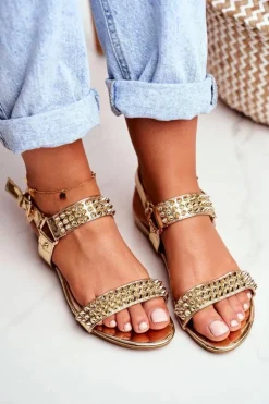 Damskie Boto Złote Damskie Płaskie Sandałki Lu Boo Z Ćwiekami Aldona